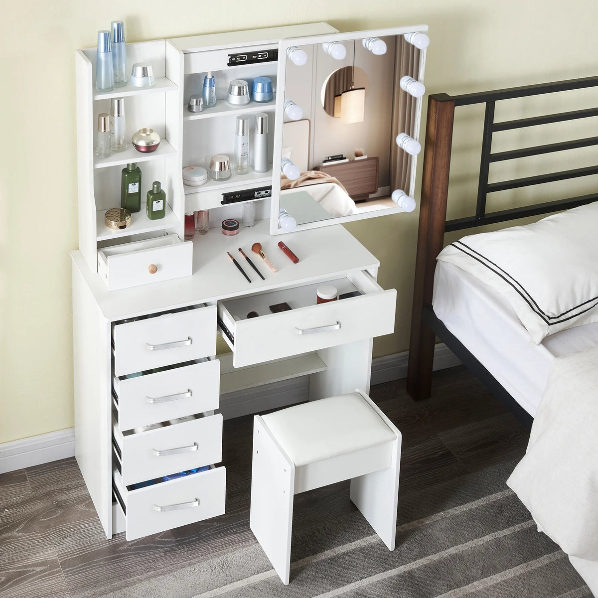 White Vanity Set with Lighted Mirror and Stool D9958
