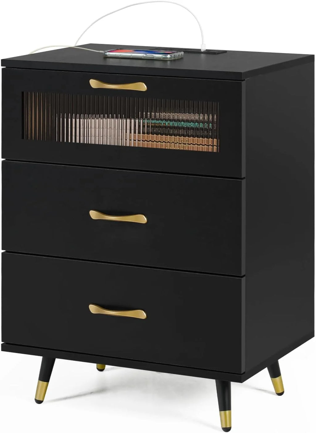 Black 3 Drawer Nightstand with USB Charge I8206