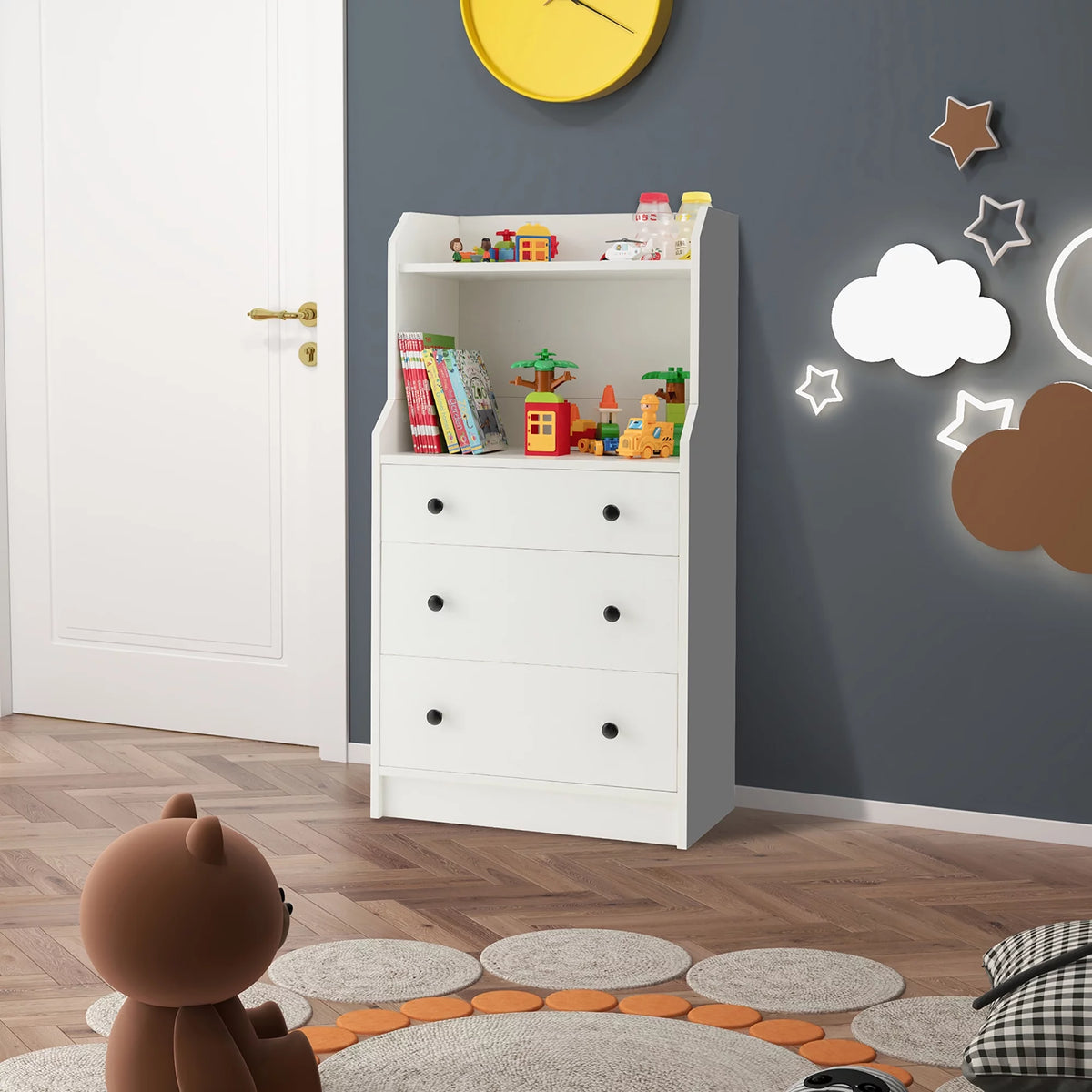 White 3 Drawer Wood Dresser with 2 Open Shelves B952