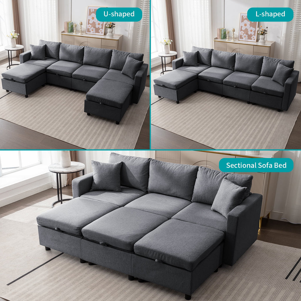 Dark Gray 6-Seater Modular Sectional Sofa with Storage Ottoman W99024