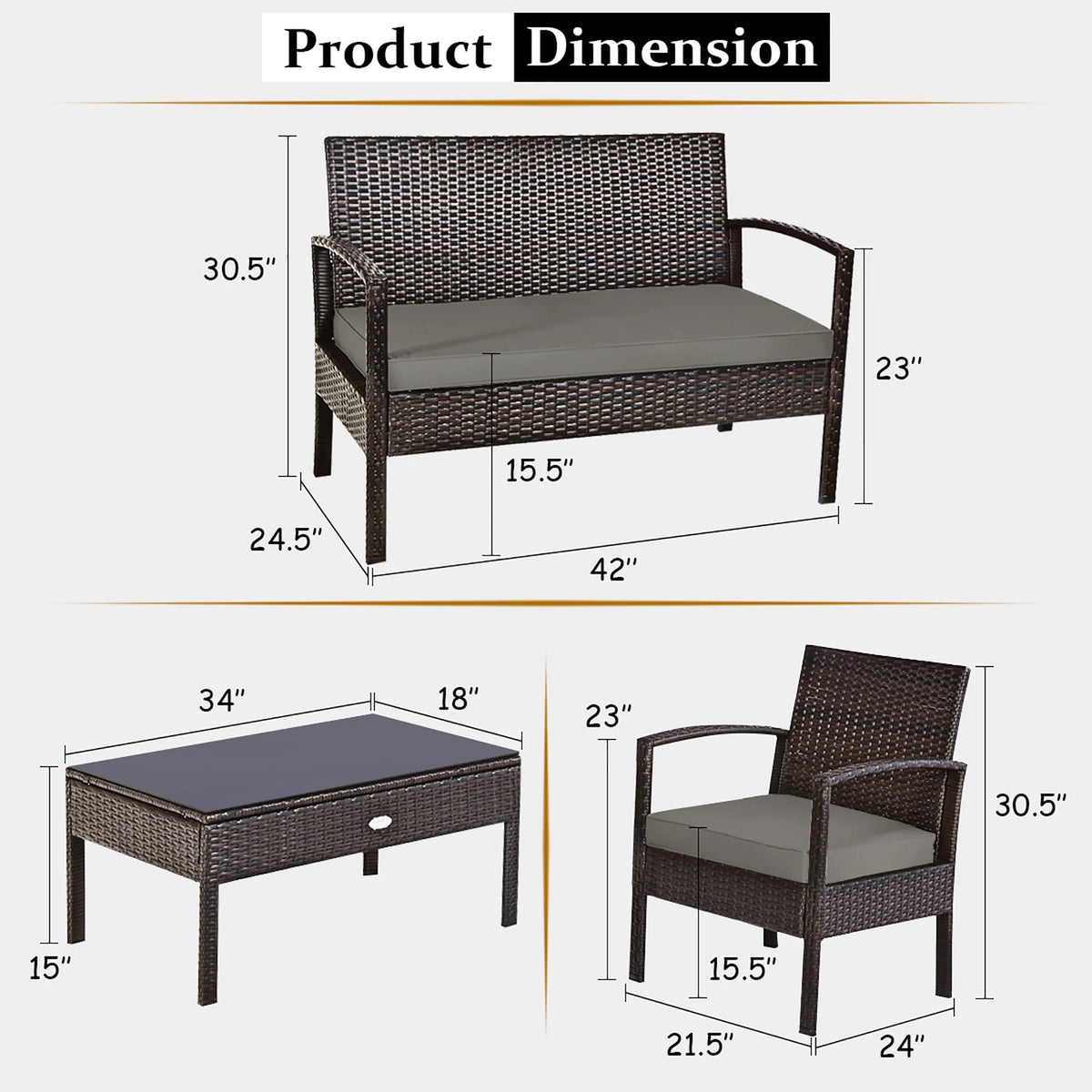 4 Pc Outdoor Patio Rattan Furniture Set Cushioned Sofa Coffee Table O686