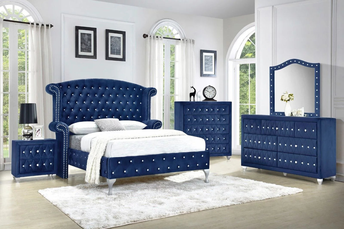Blue Velvet 6Pc King Size Bedroom Furniture Set O97847