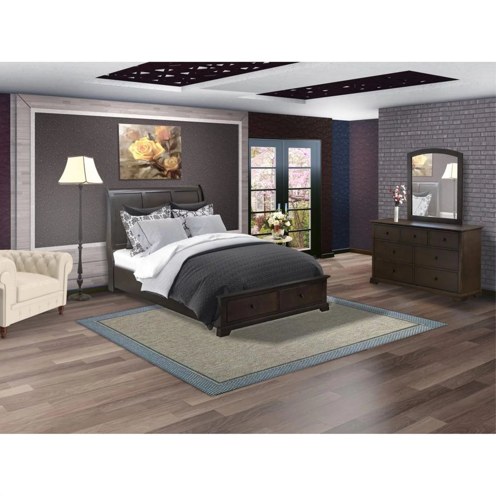 3 Pc Bedroom Set with Platform Bed Mirror and 6 Drawer Dresser T48707