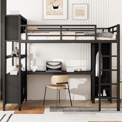 Metal Loft Bed with Wardrobe & L-Shaped Desk, White Queen A238158