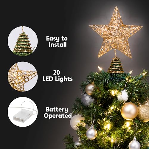 8 inch Gold Glitter Star Tree Topper Metal Lighted with 20 LED Lights W3581