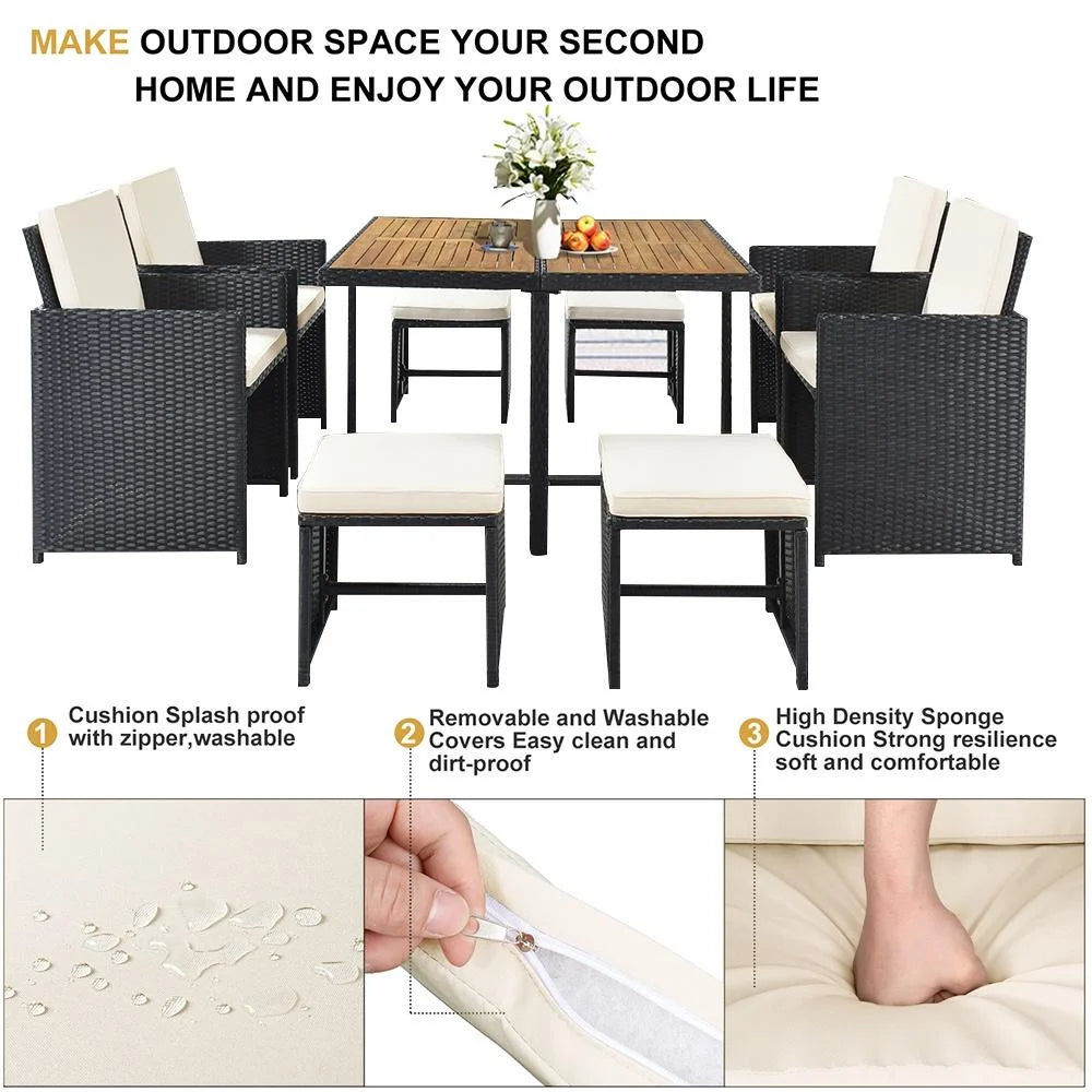 9 Piece Rattan Wicker Patio Dining Set with Ottoman J418454
