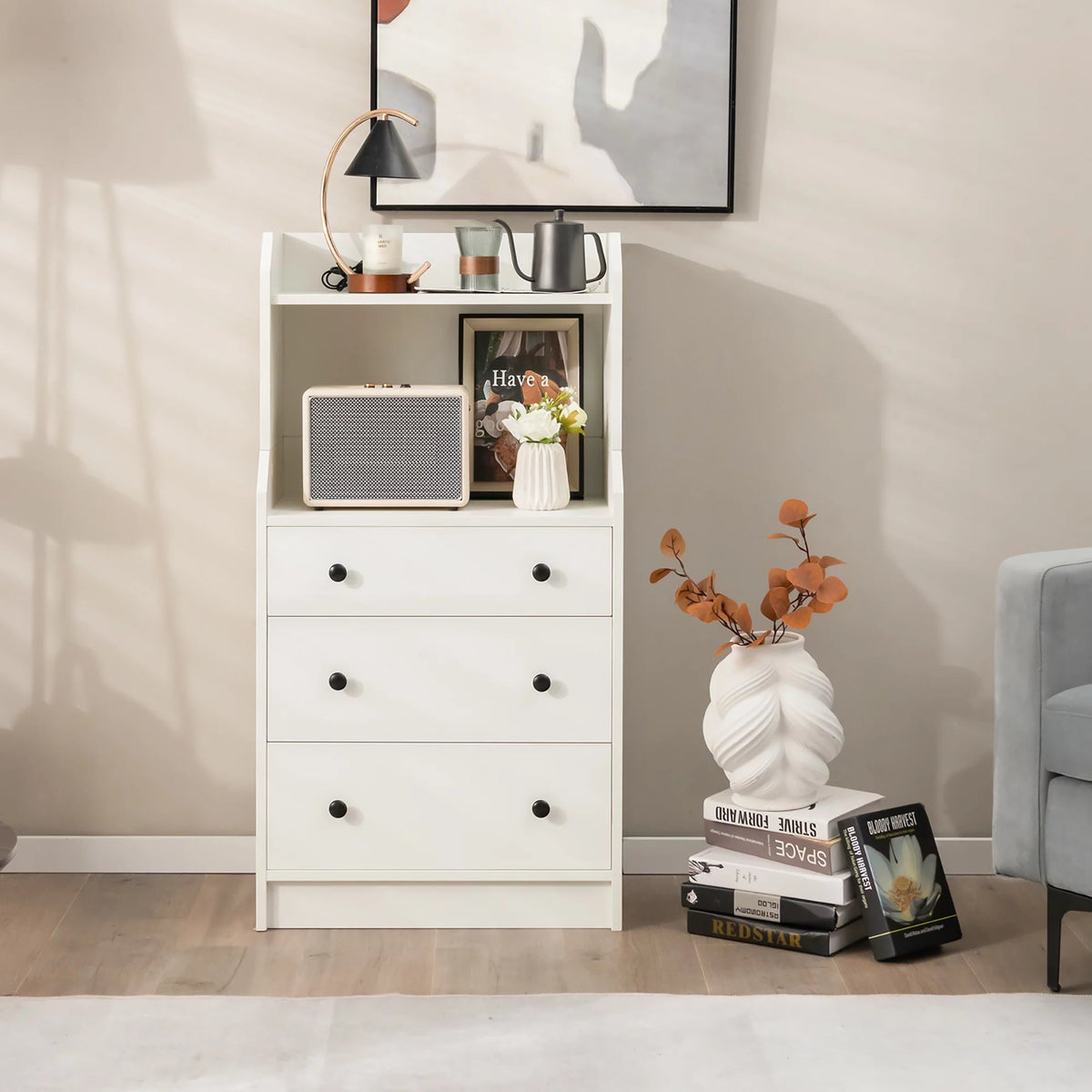 White 3 Drawer Wood Dresser with 2 Open Shelves B952