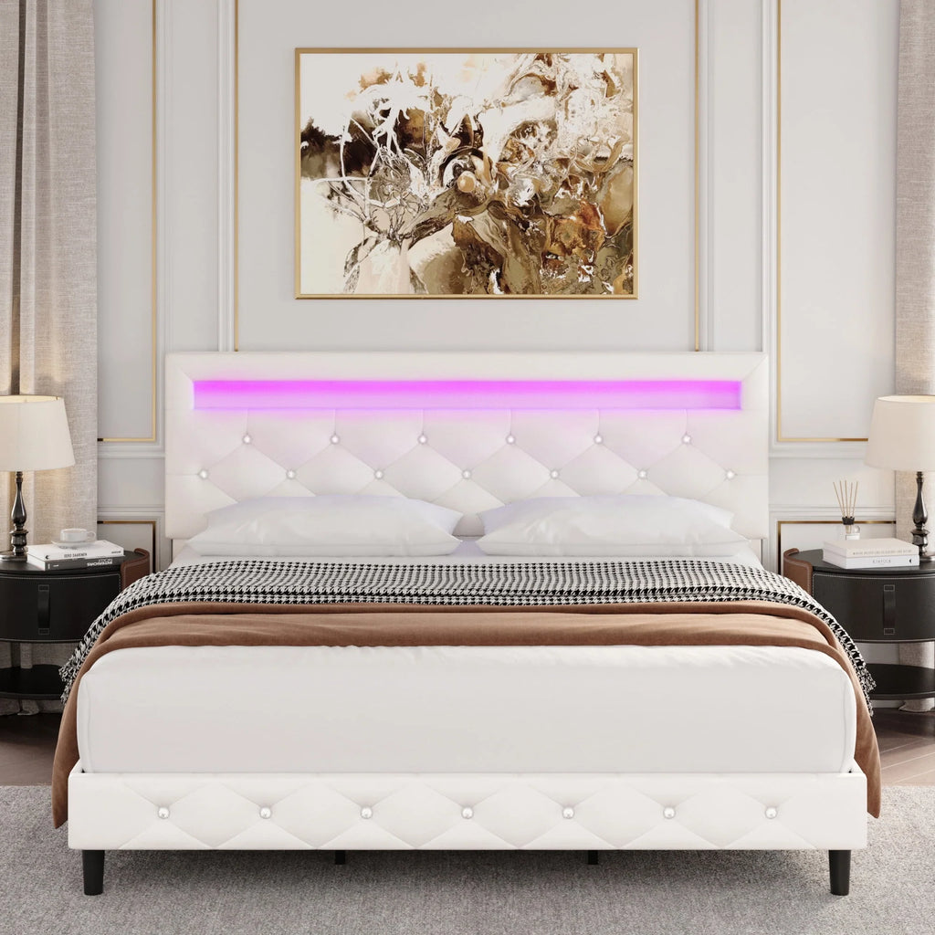Full Size Black PU Upholstered Platform Bed Frame with LED S254
