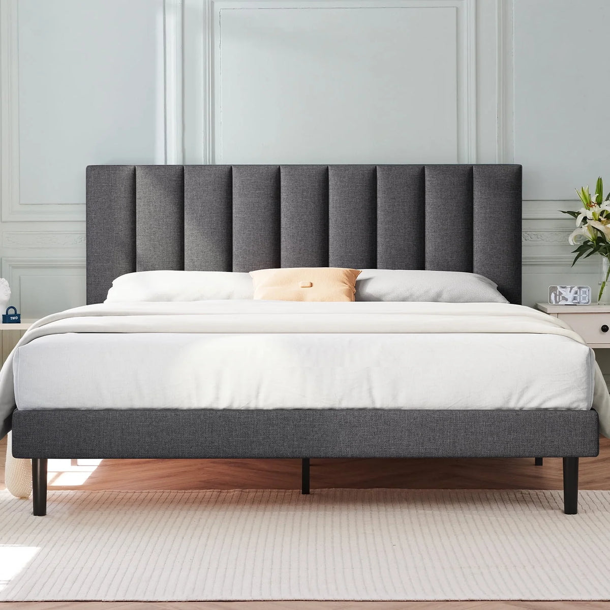Full Platform Bed Frame with Upholstered Headboard, Beige T842126