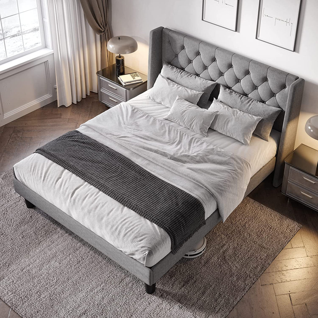 Queen Size Upholstered Platform Bed Frame with Wingback A74651