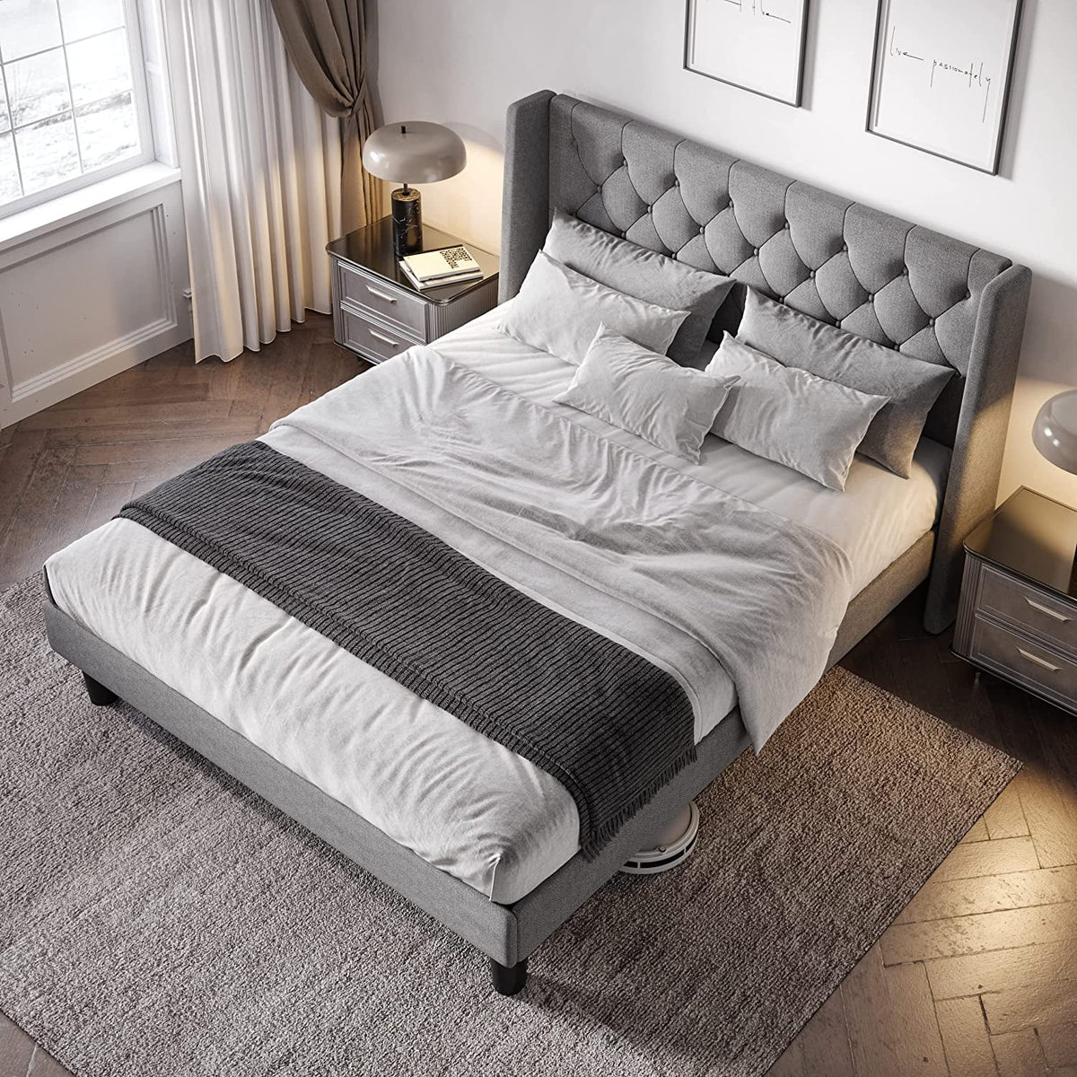 Queen Size Upholstered Platform Bed Frame with Wingback A74651