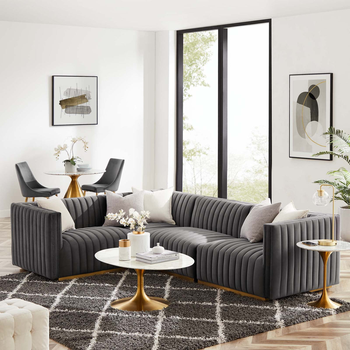 Gold Gray Velvet 4-Piece Sectional I258628