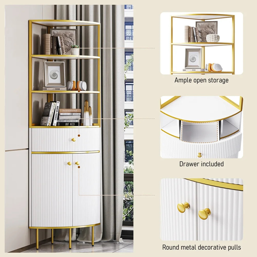 White Wooden Corner Bookshelf with 1 Drawer and 2 Doors G59005