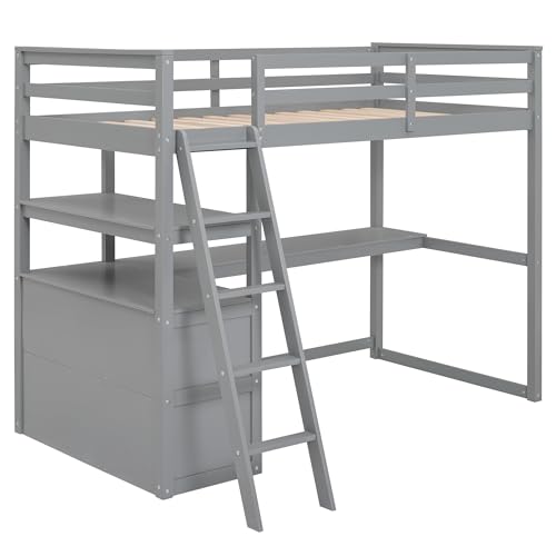 Twin Size White Solid Wood Loft Bed with Wardrobe, Desk and Shelves D202