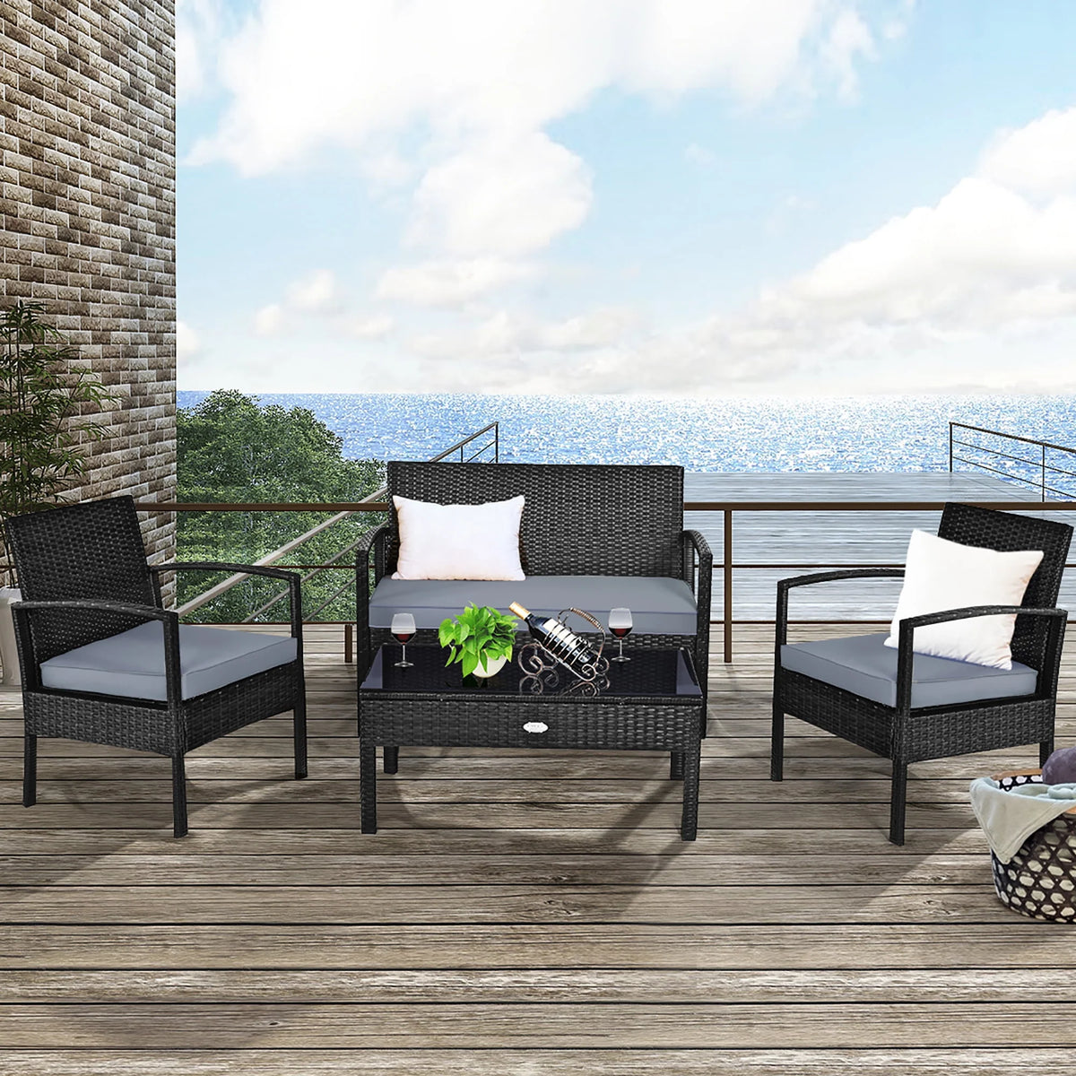 4 Pc Outdoor Patio Rattan Furniture Set Cushioned Sofa Coffee Table O686