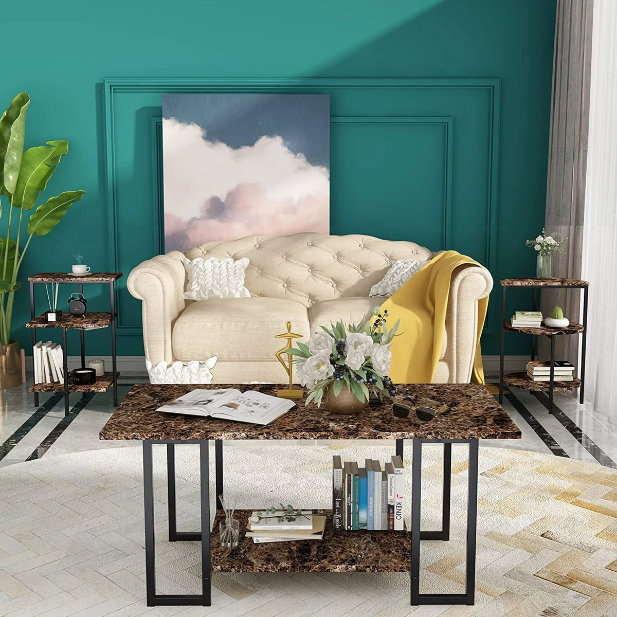Faux Marble Coffee Table Set of 3 with Metal Legs Y243130