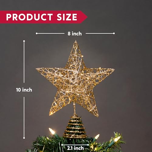 8 inch Gold Glitter Star Tree Topper Metal Lighted with 20 LED Lights W3581